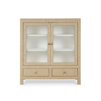 Rattan wrapped cabinet front view with open doors.