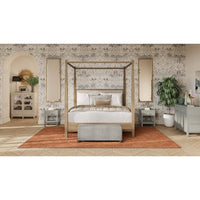 Rattan cabinet styled in elegant bedroom interior.