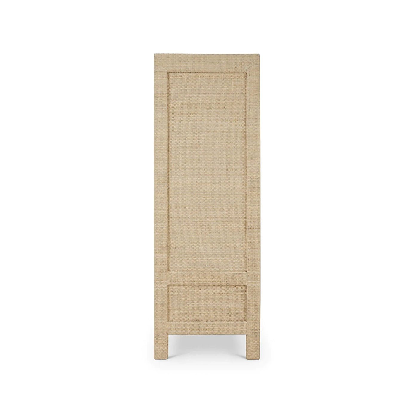 Side profile view of rattan wrapped small cabinet.