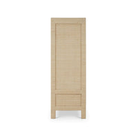 Side profile view of rattan wrapped small cabinet.