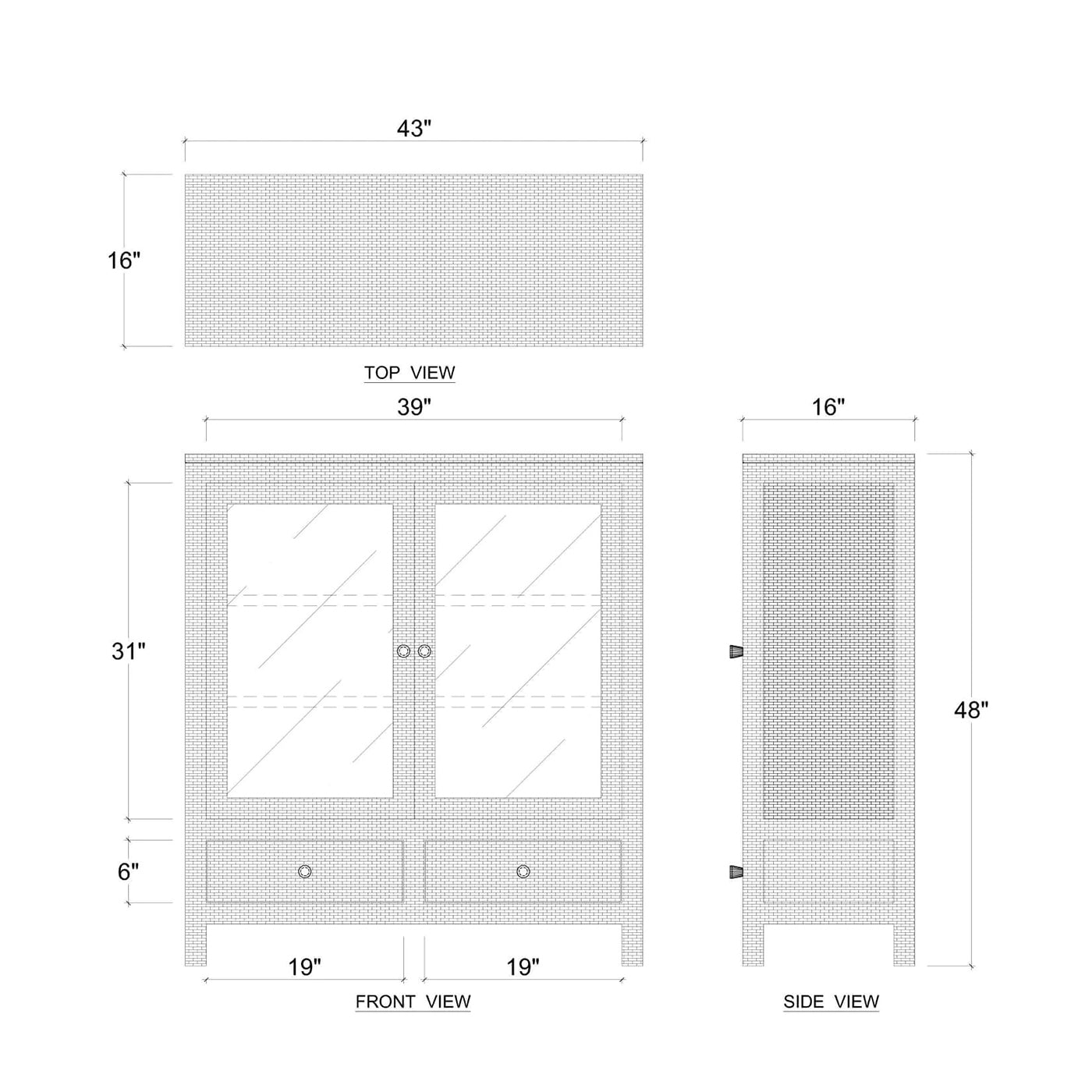 Dimension diagram of rattan wrapped small cabinet.