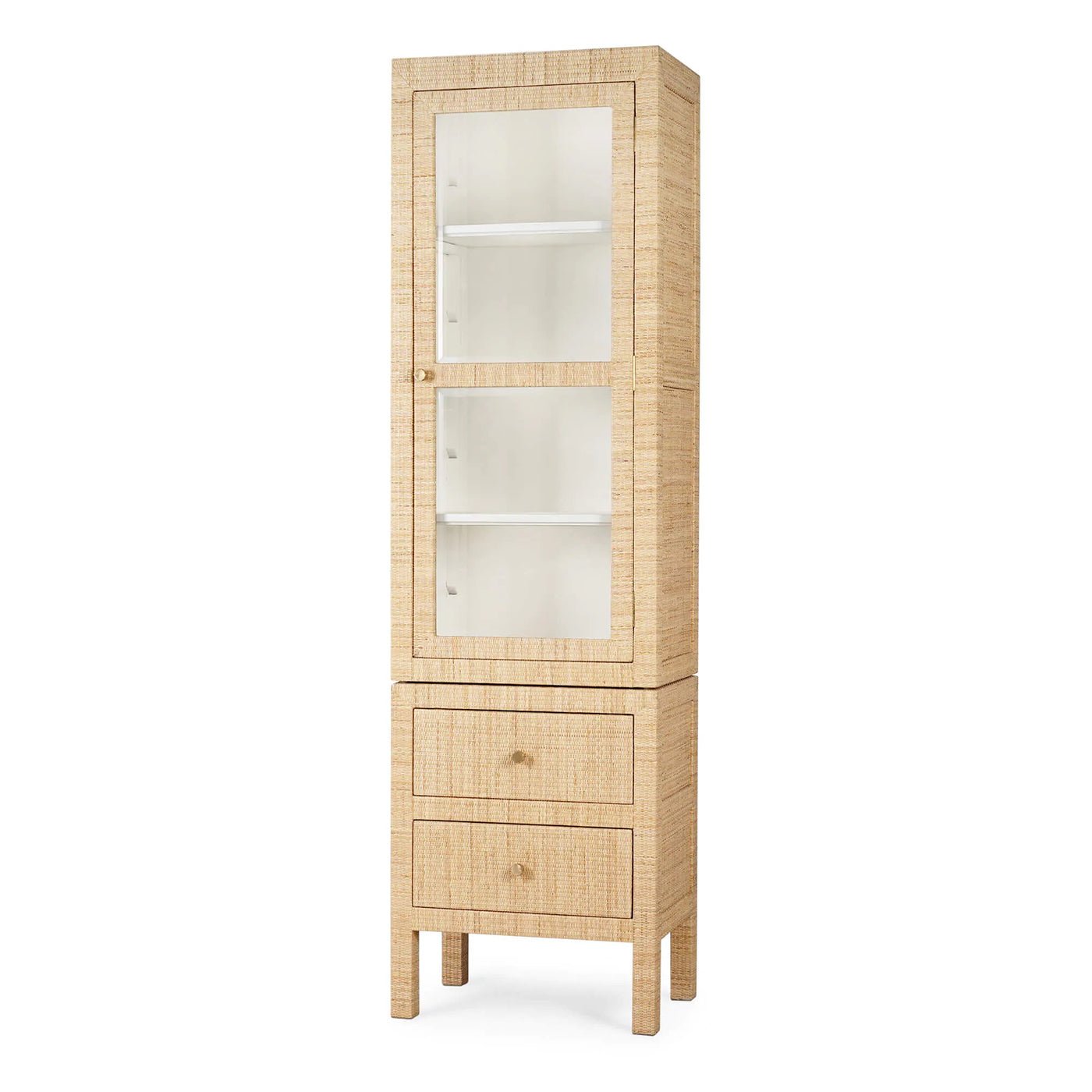 Rattan wrapped cabinet front view with glass door.