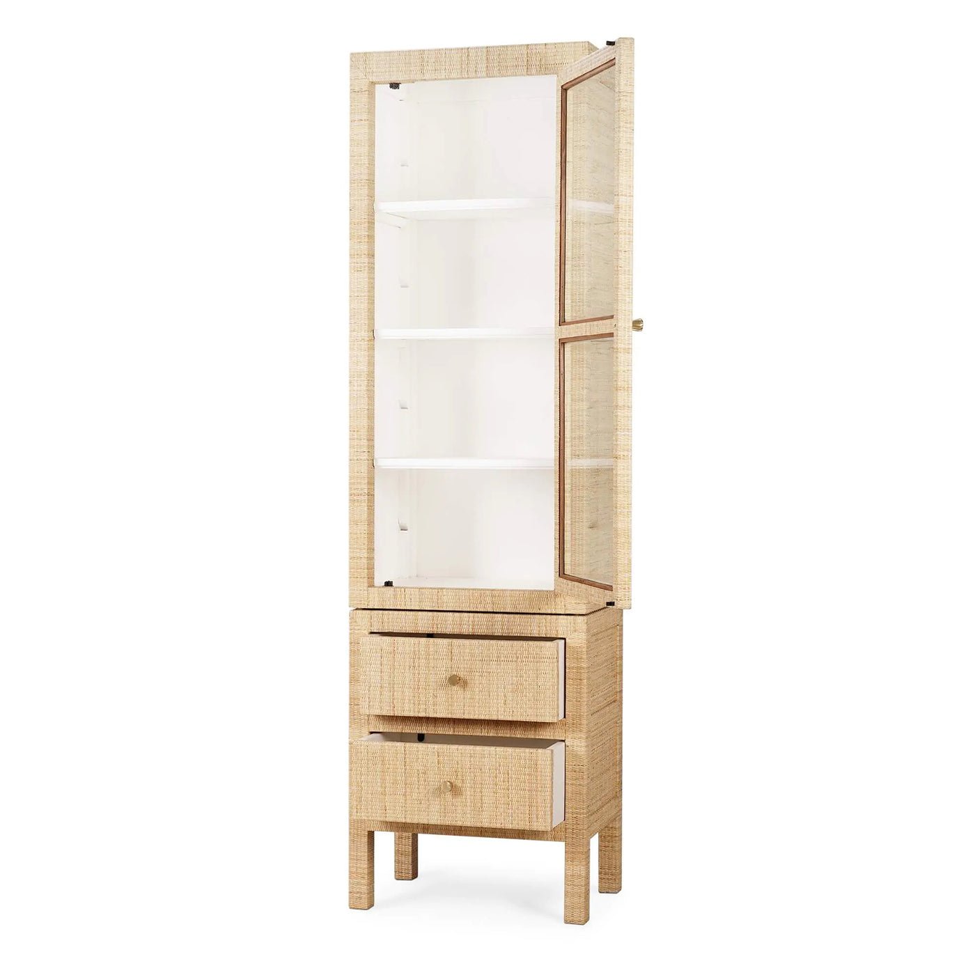 Open rattan cabinet showcasing inner white shelves.