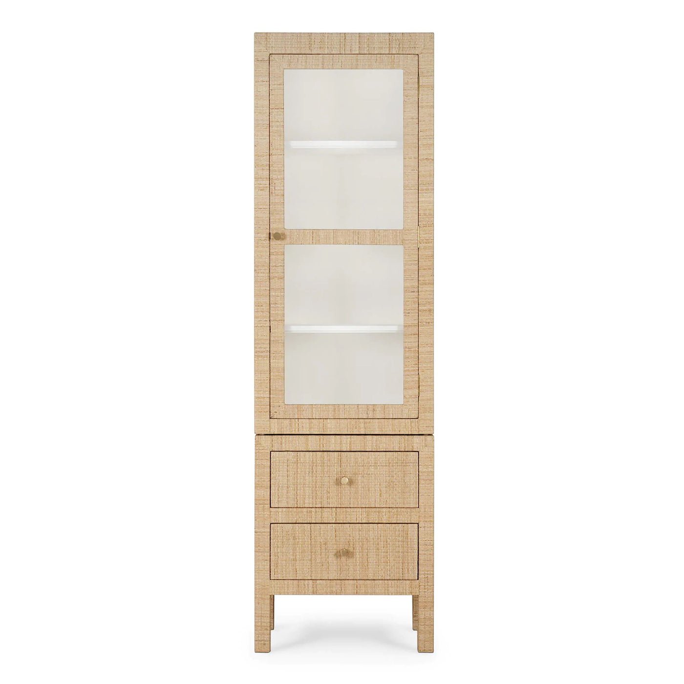 Closed rattan cabinet front view with visible drawers.