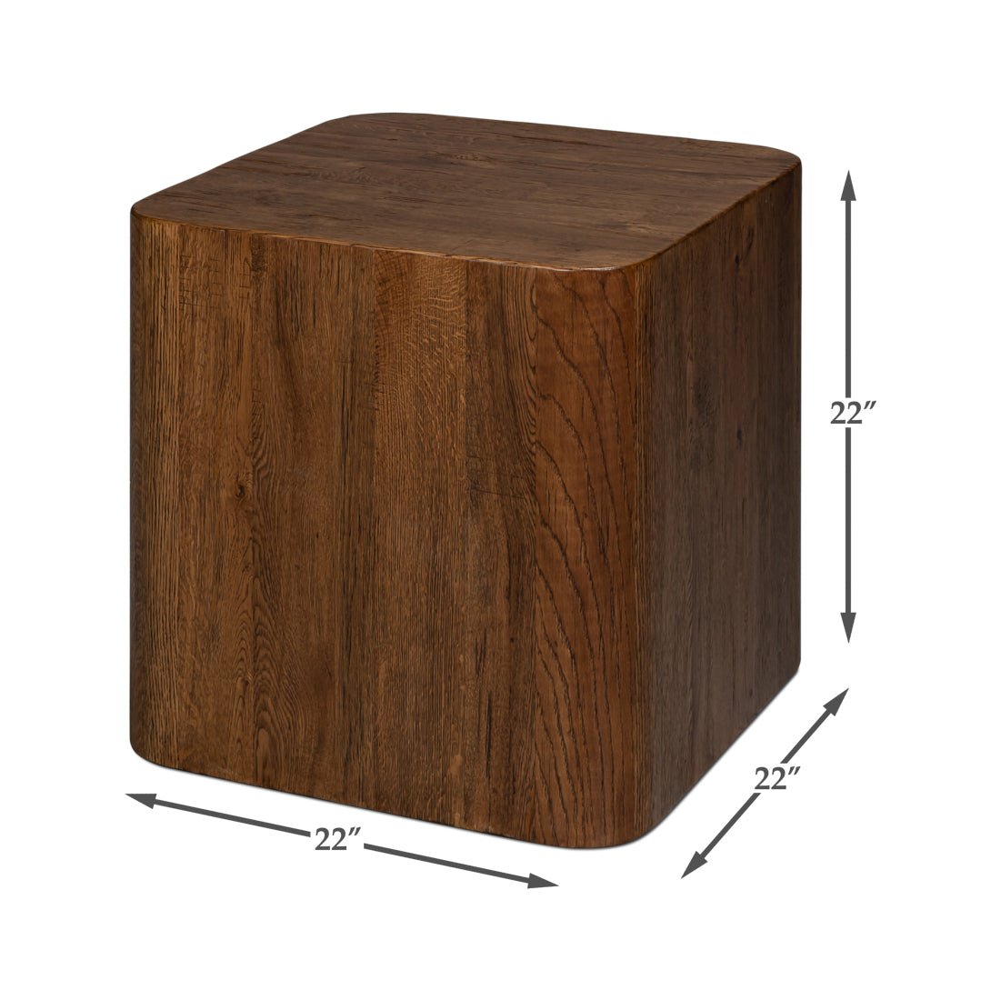 Wooden cube table, dimensions shown, dark oak finish.