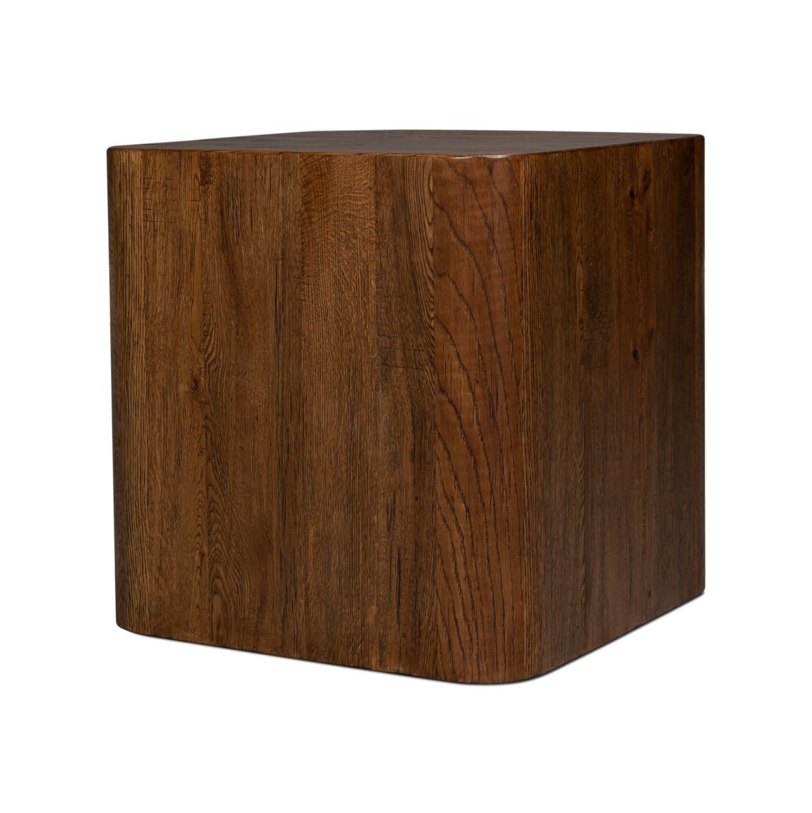 Wooden cube table, side view, curved corner design.