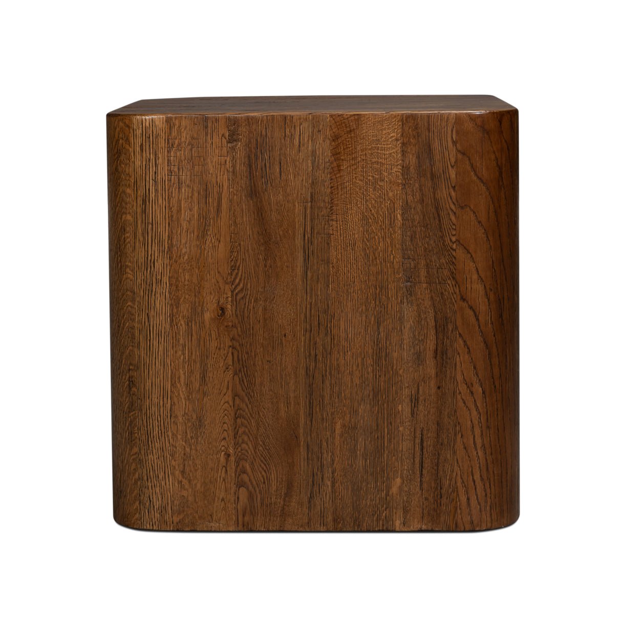 Wooden cube table, straight view, flat surface.