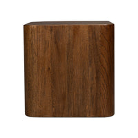 Wooden cube table, straight view, flat surface.