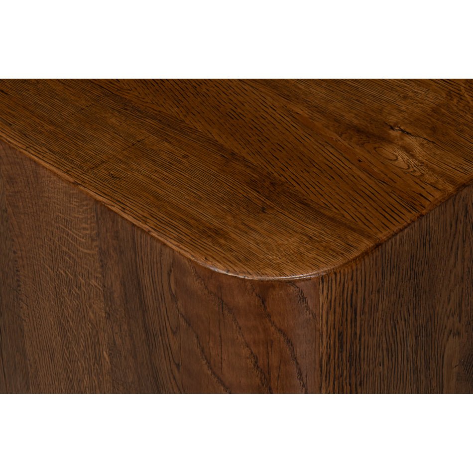 Wooden cube table, corner close-up, detailed wood texture.