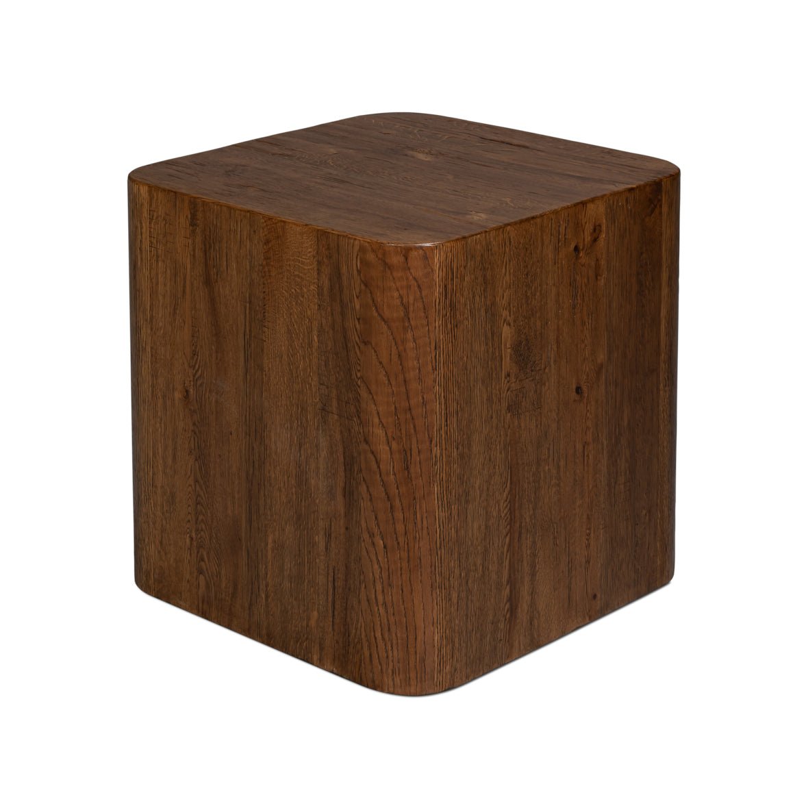 Wooden cube table, side angle, rounded edges.