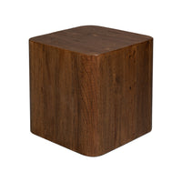 Wooden cube table, side angle, rounded edges.