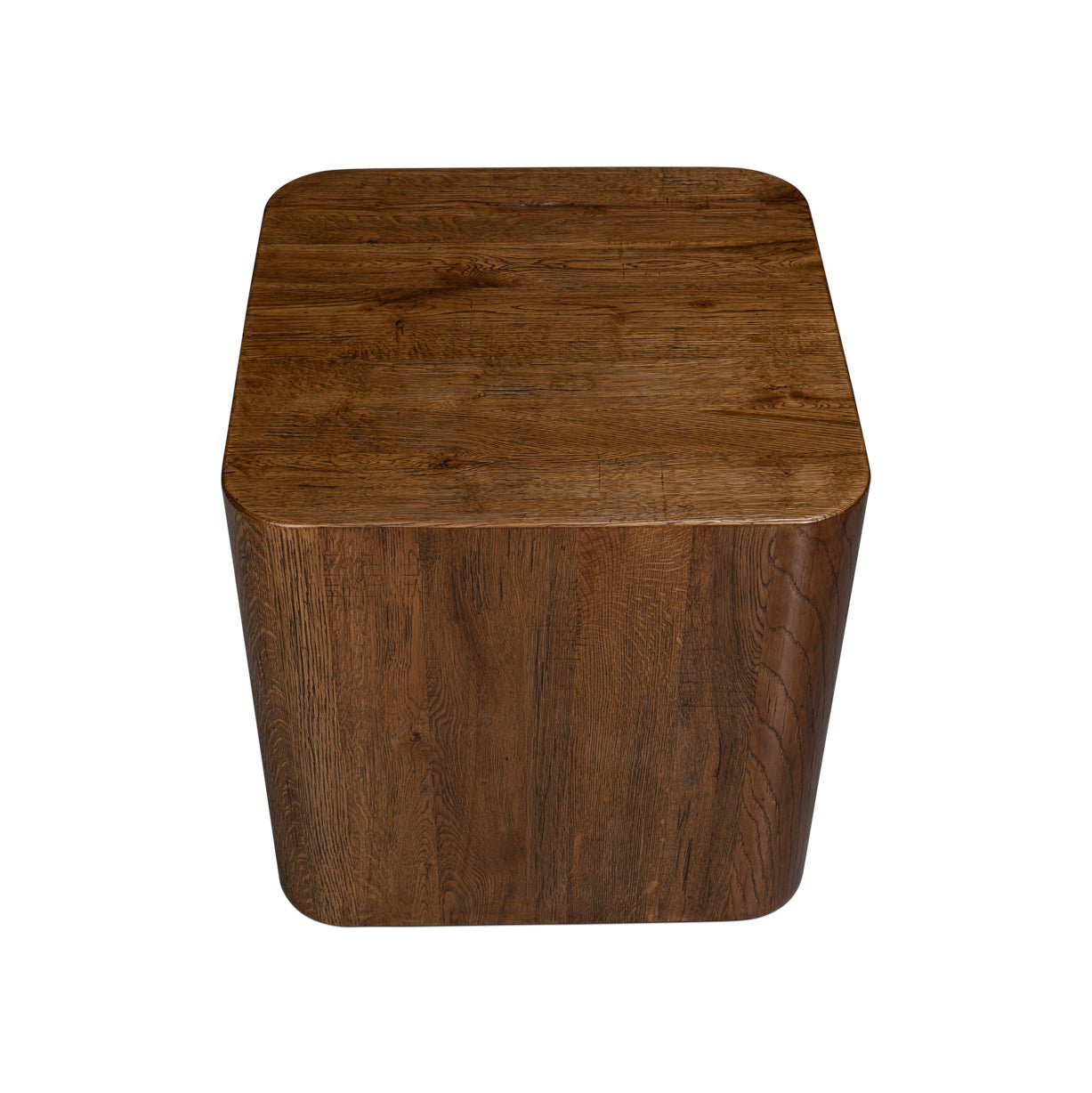 Wooden cube table, bird's-eye view, flat surface.