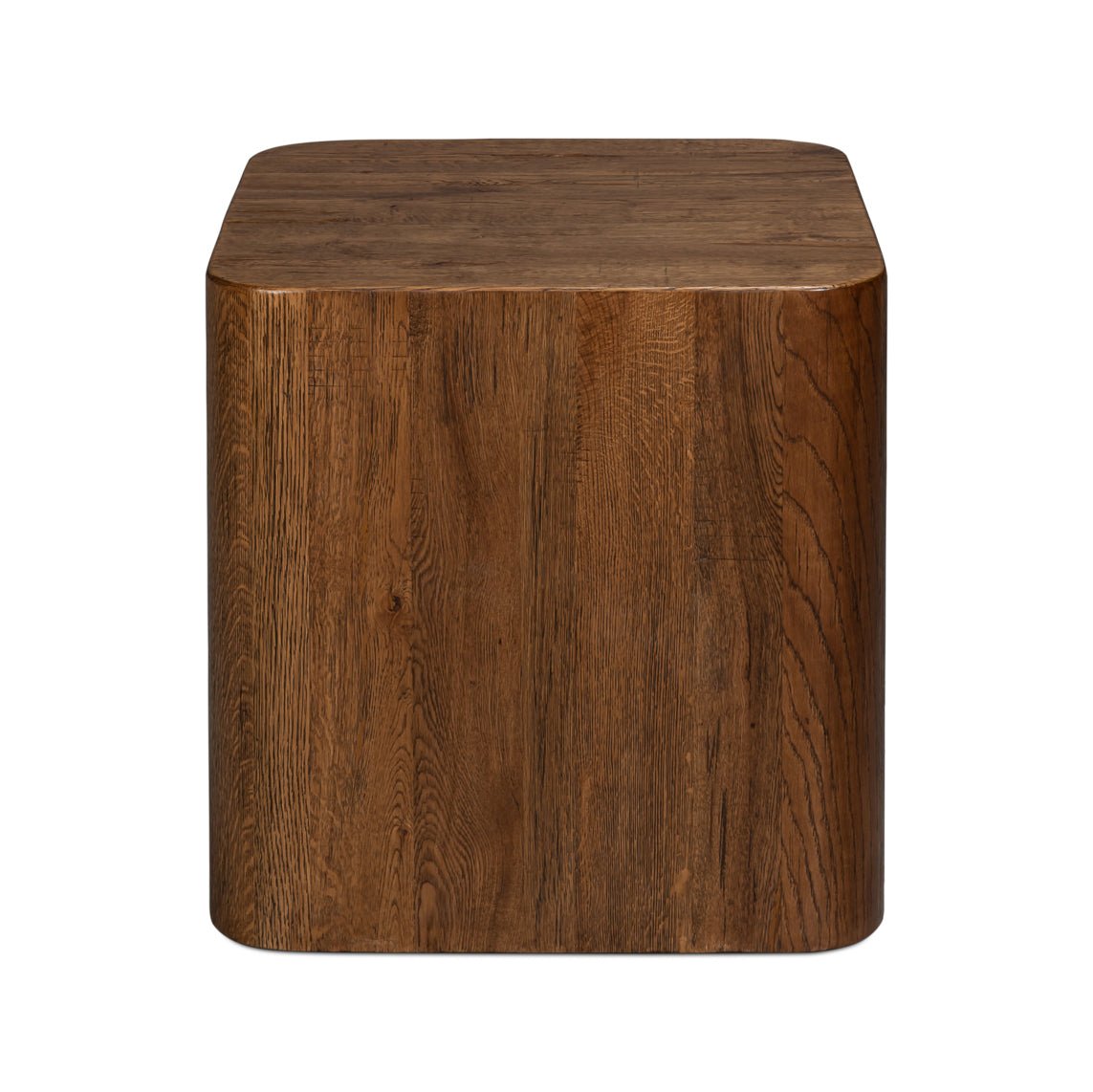 Wooden cube table, front view, smooth texture.