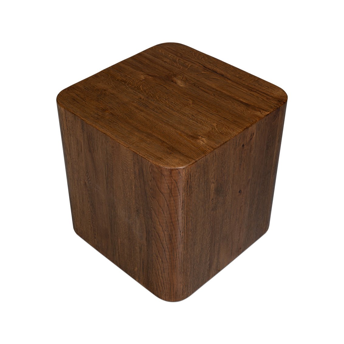 Wooden cube table, top view, visible wood grain.