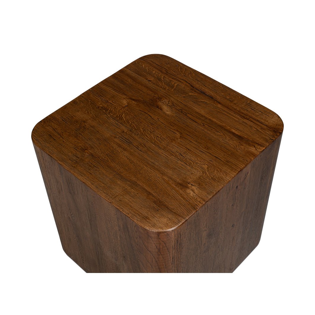 Wooden cube table, top angle, detailed finish.