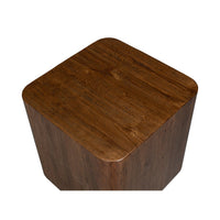 Wooden cube table, top angle, detailed finish.