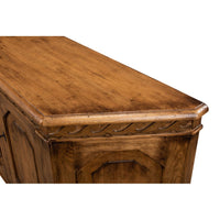 Close-up of reclaimed pine credenza's wood detail.