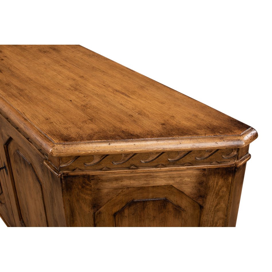 Close-up of reclaimed pine credenza's wood detail.