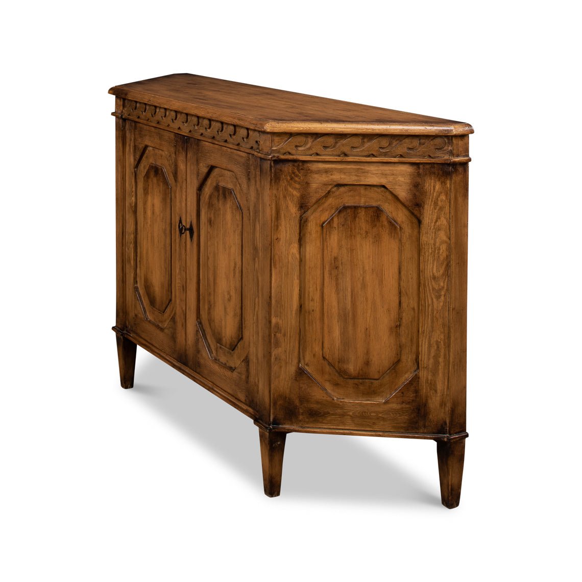 Reclaimed pine credenza, angled view highlighting craftsmanship.