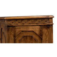 Close-up of decorative trim on reclaimed pine credenza.