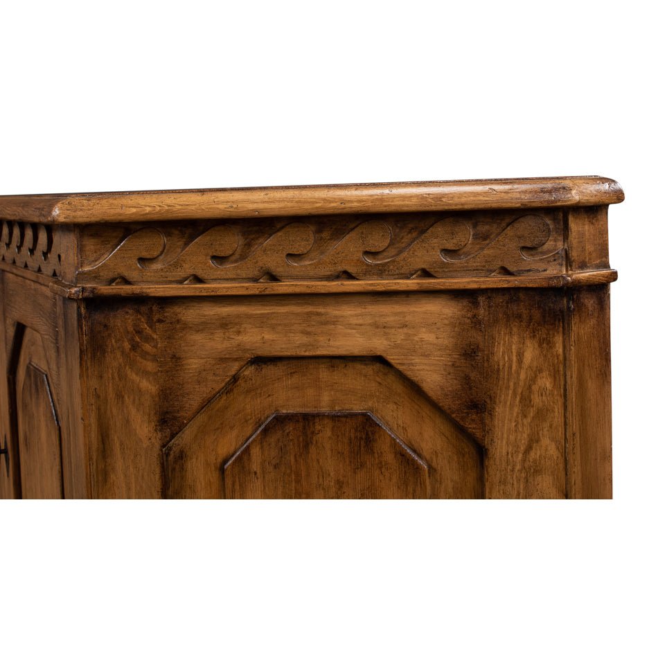 Close-up of decorative trim on reclaimed pine credenza.
