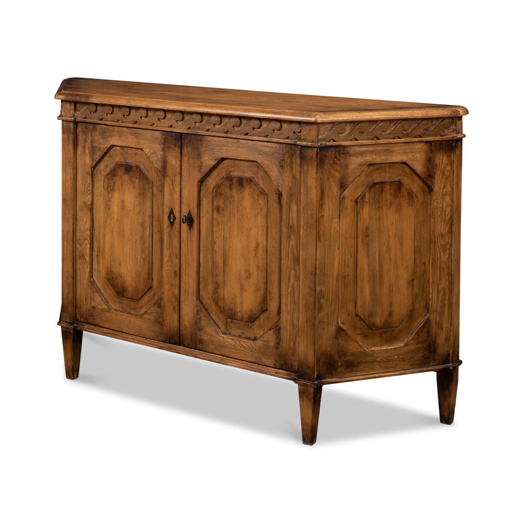 Angled view of reclaimed pine credenza, sides visible.