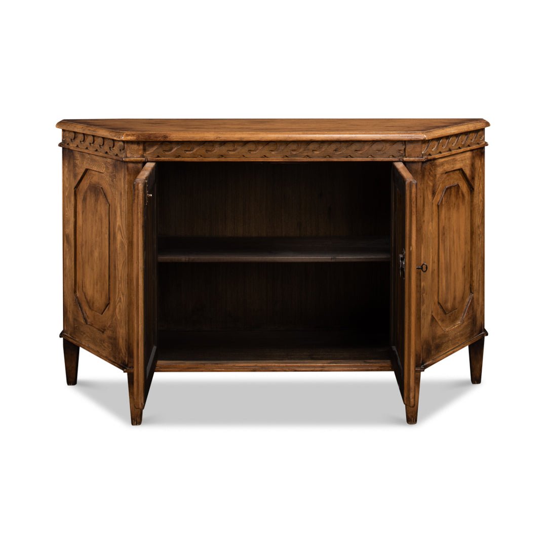 Reclaimed pine credenza with open doors, interior shelves.