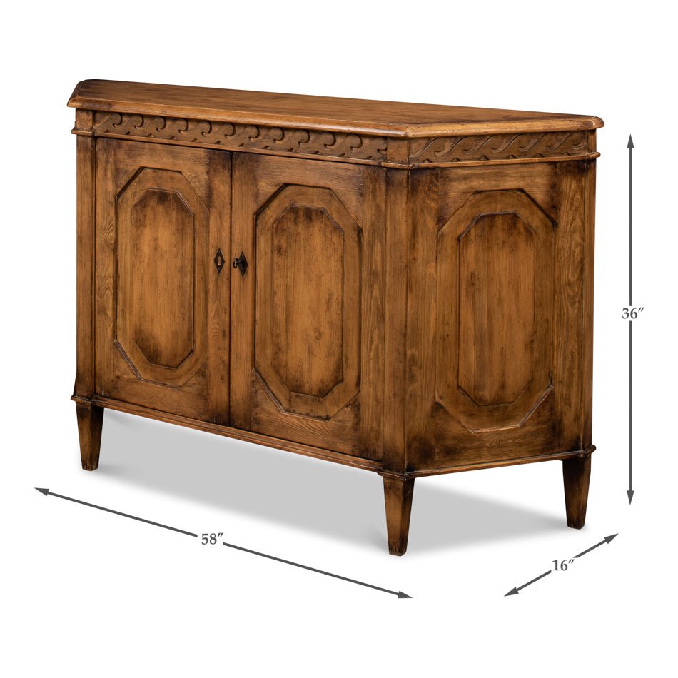 Dimensions of reclaimed pine credenza, detailed view.