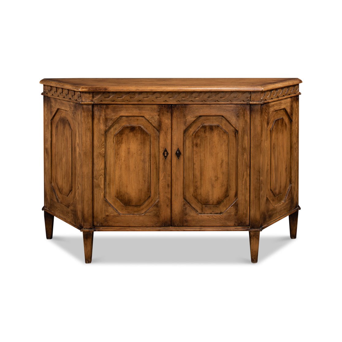 Reclaimed pine credenza, front view, closed doors.