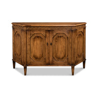 Reclaimed pine credenza, front view, closed doors.