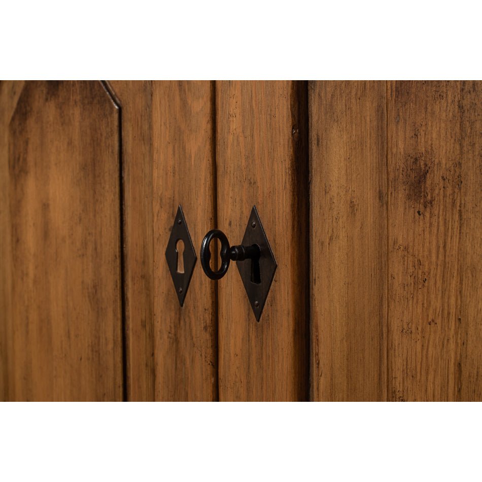 Reclaimed pine credenza lock and keyhole design.