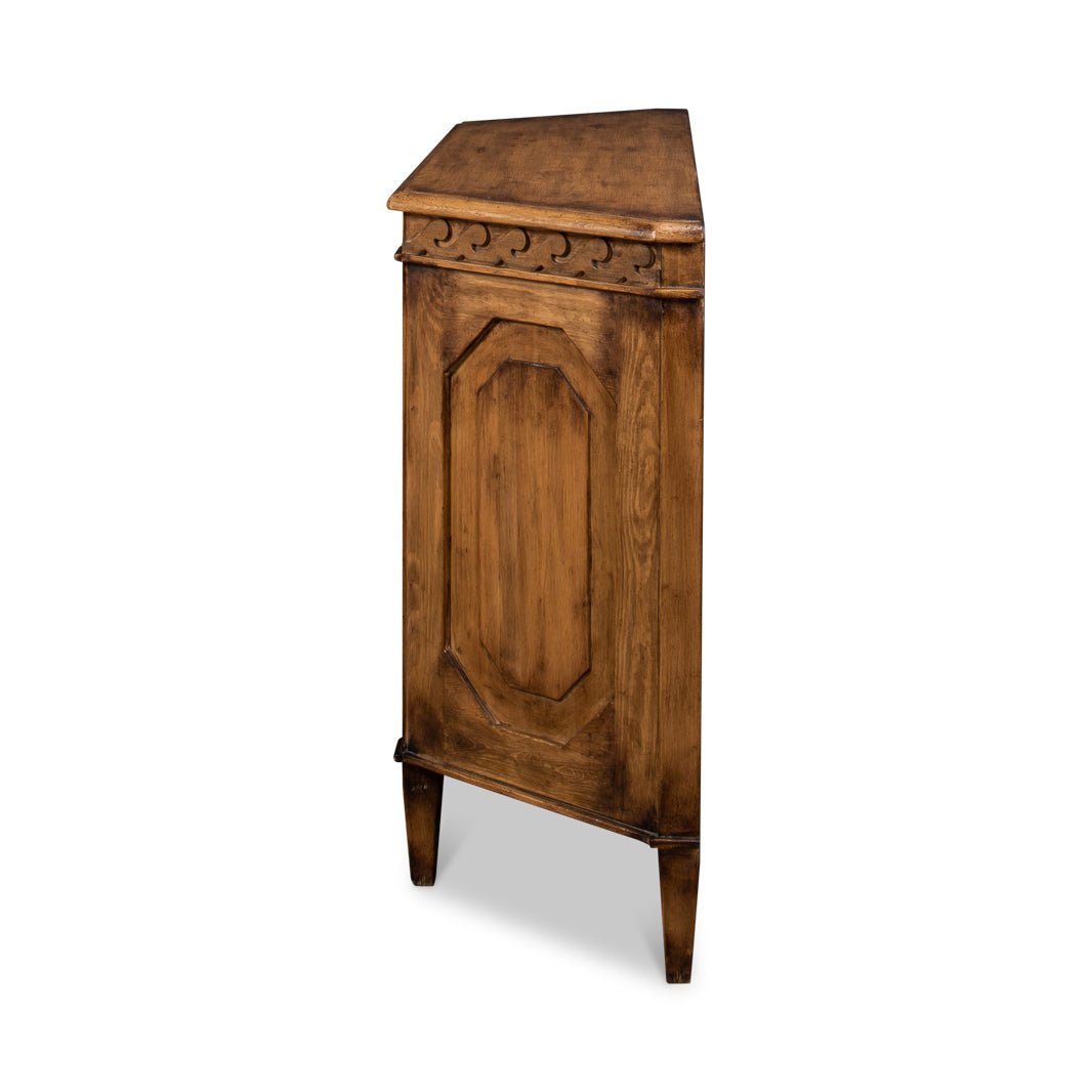 Side view of narrow reclaimed pine credenza profile.