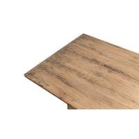 Close-up of reclaimed pine dining table corner, wood texture.