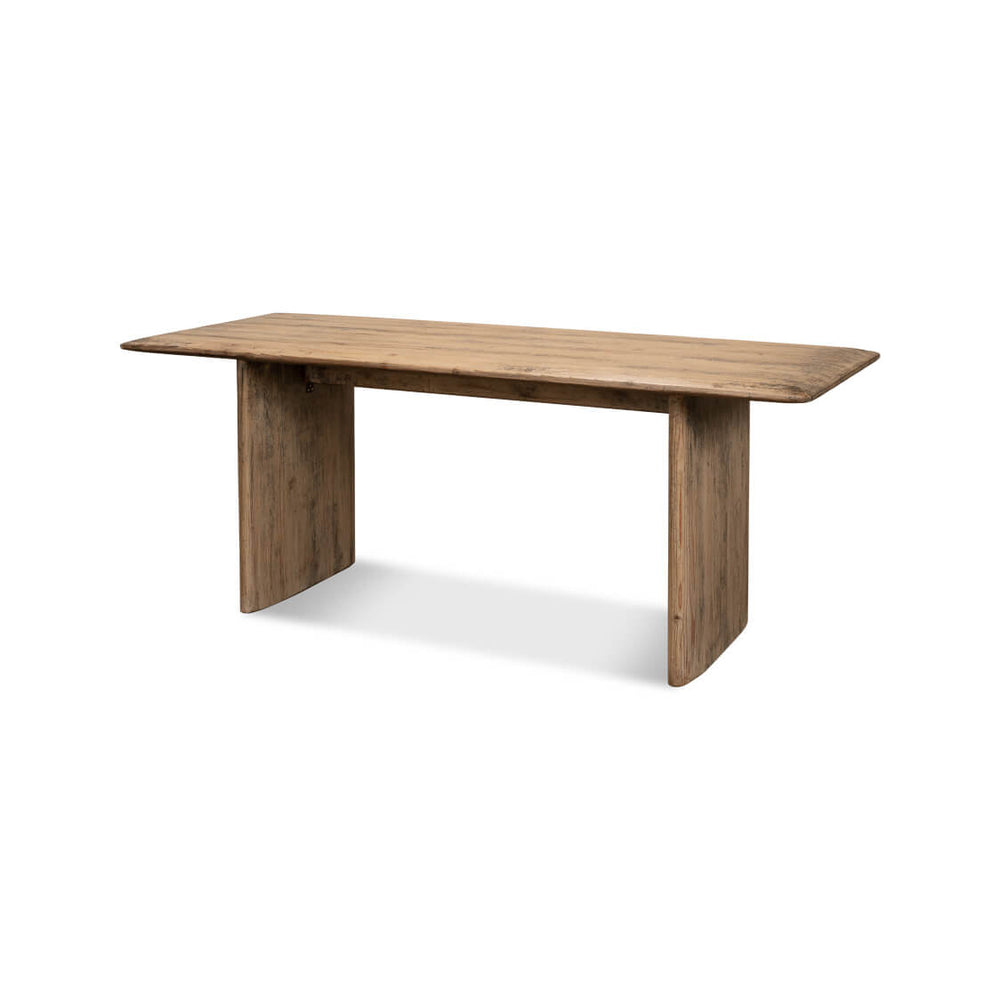Angled view of reclaimed pine dining table, side perspective.