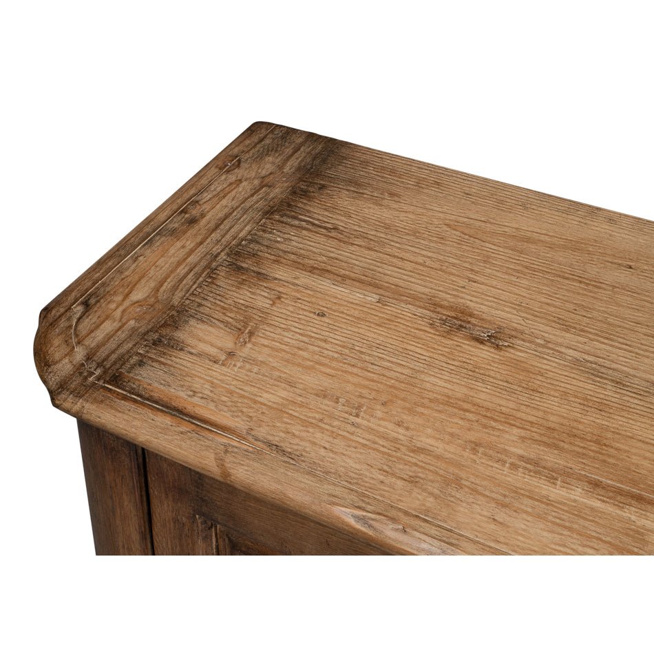 Close-up of wood grain on reclaimed pine side cabinet.