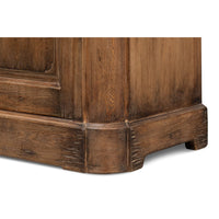 Bottom corner close-up of reclaimed pine side cabinet base.