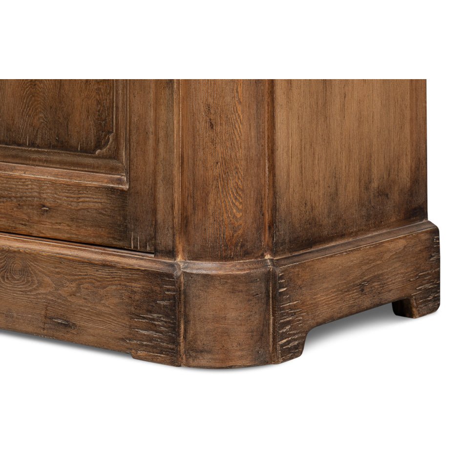 Bottom corner close-up of reclaimed pine side cabinet base.
