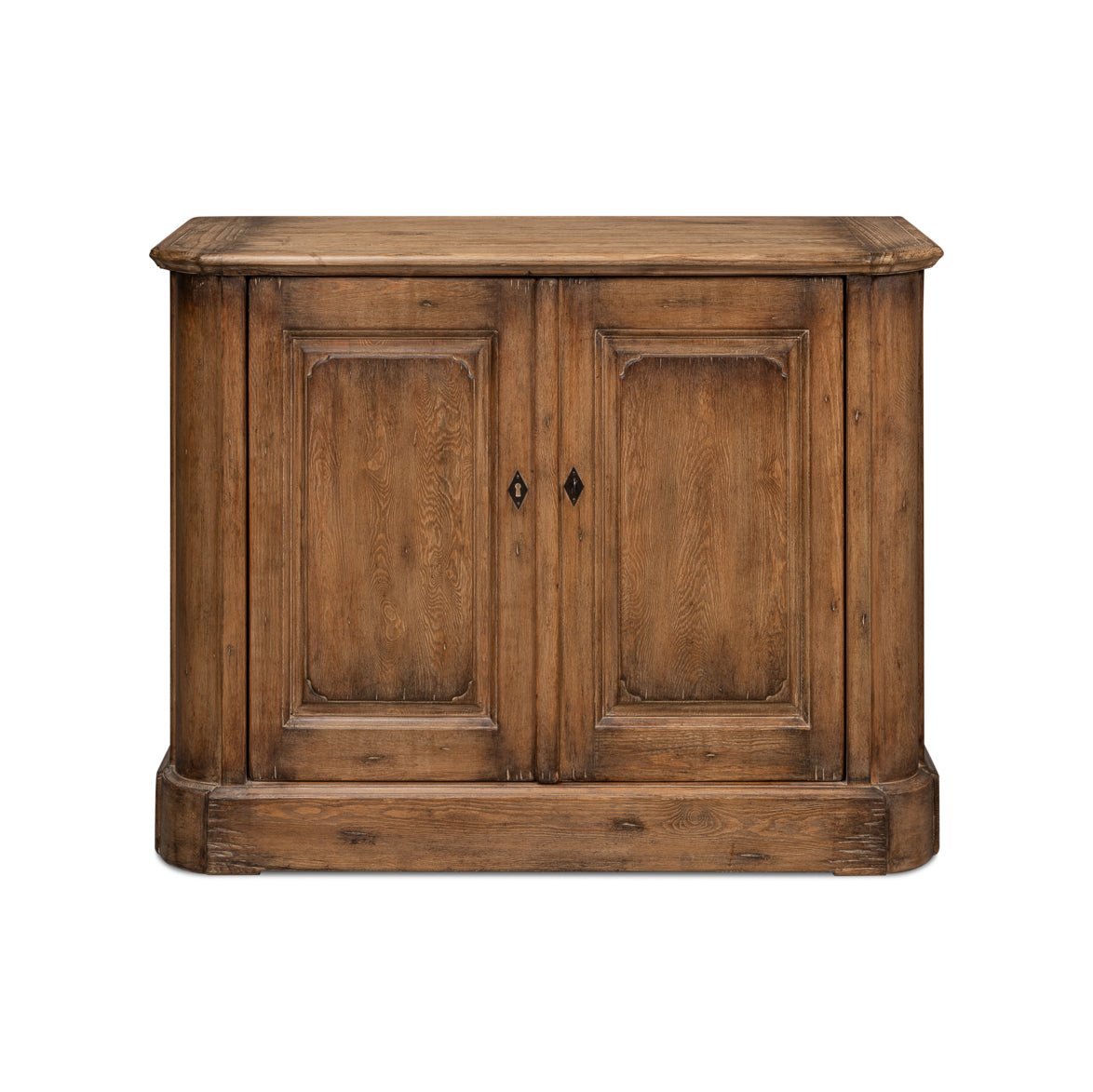 Front view of reclaimed pine side cabinet with closed doors.