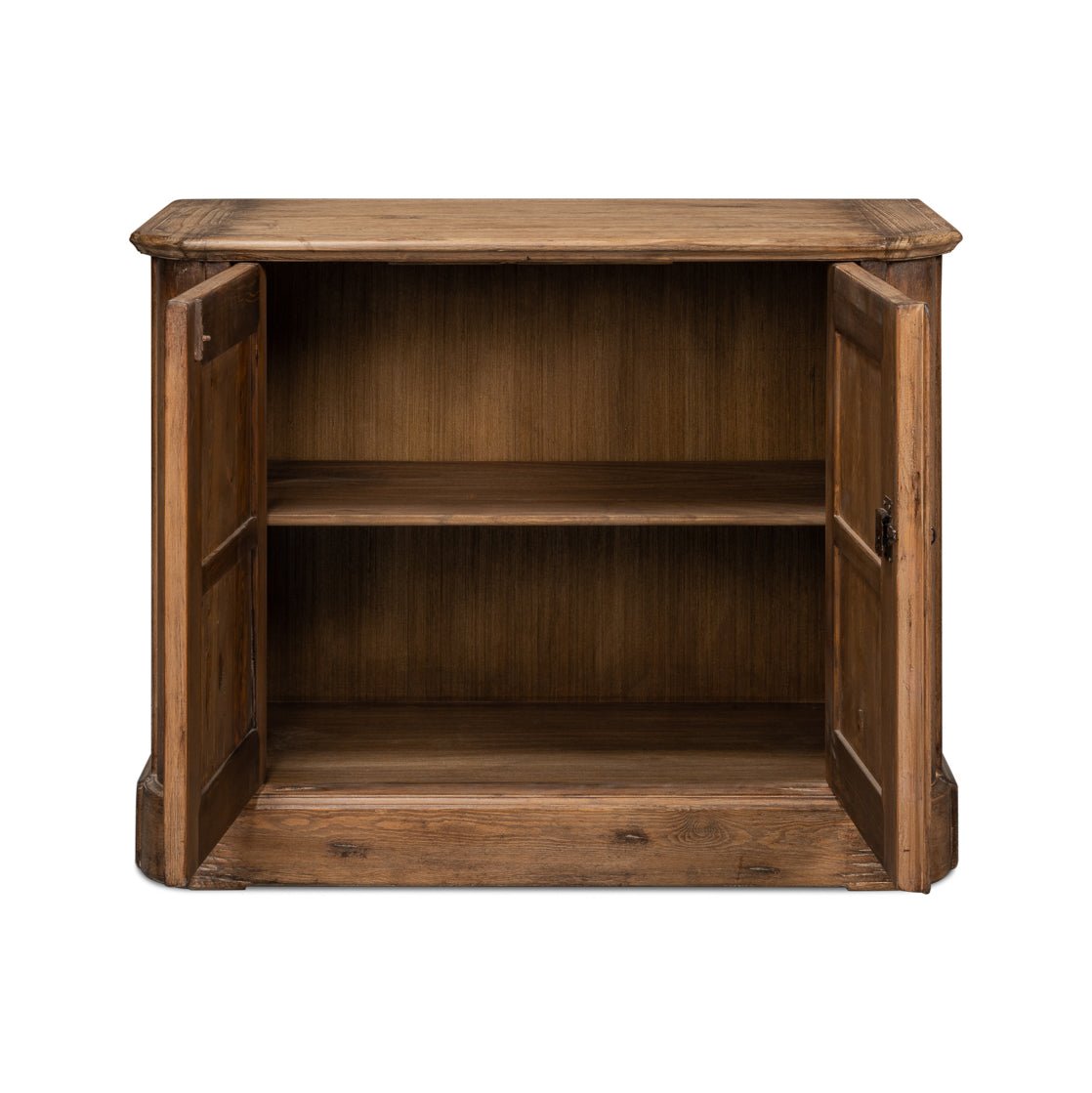 Interior of reclaimed pine side cabinet with open doors.