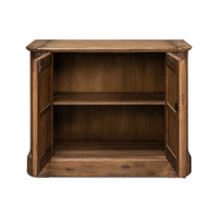 Interior of reclaimed pine side cabinet with open doors.