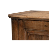 Corner detail of reclaimed pine side cabinet top edge.