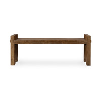 Front view of the reclaimed wood bench showing its plank seat, raised ends and open space underneath