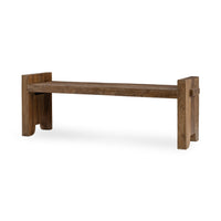 Reclaimed wood bench at an angle, with a plank seat between raised end panels and notched feet