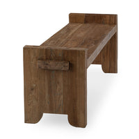 Angled end view of the reclaimed wood bench showing a broad raised panel, projecting joint and notched feet