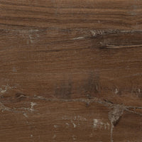 Close-up of the reclaimed wood bench surface showing brown grain, pale weathering and natural cracks