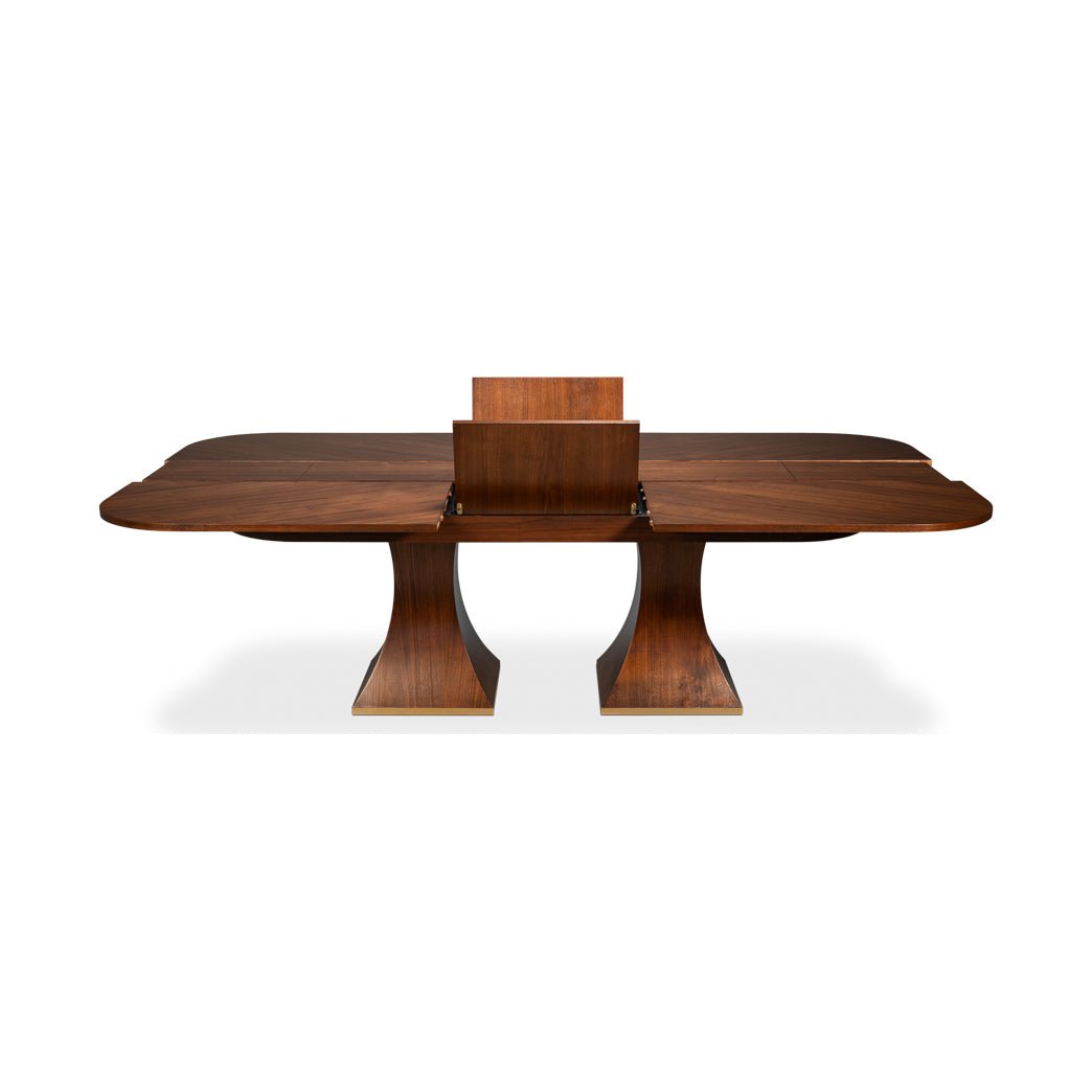 Rectangular walnut table opening mechanism front view.