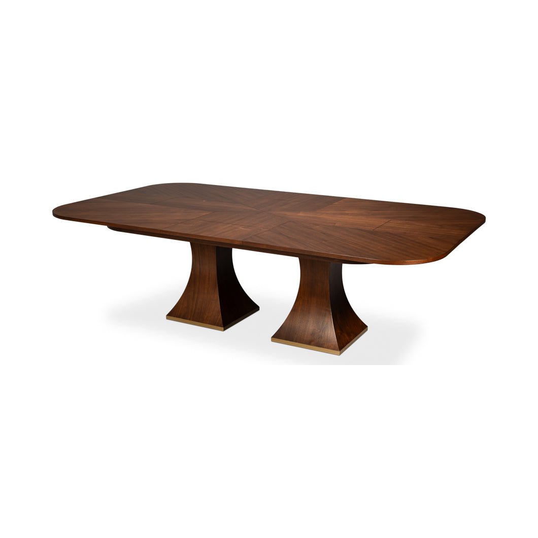 Rectangular walnut jupe dining table angled view.