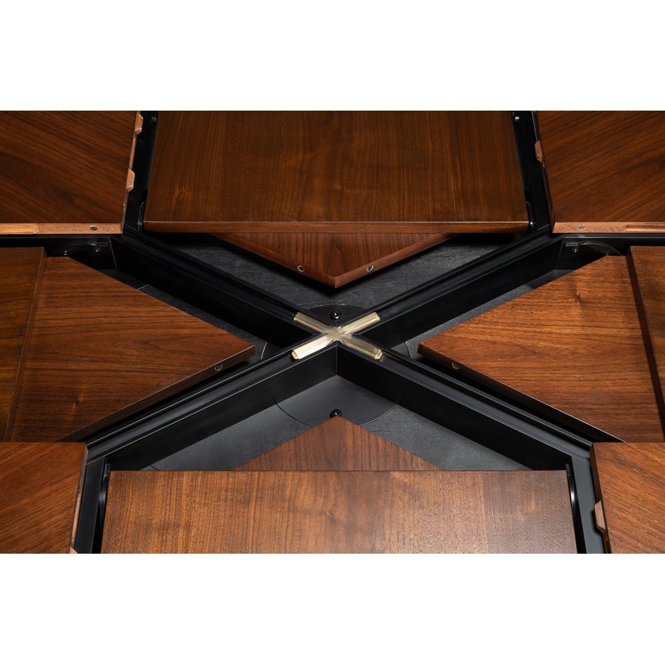 Close-up of dining table internal mechanism.