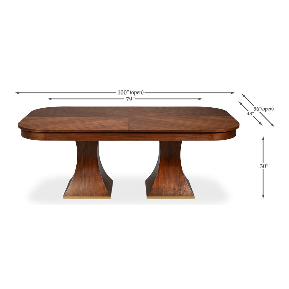 Rectangular walnut dining table dimensions labeled.