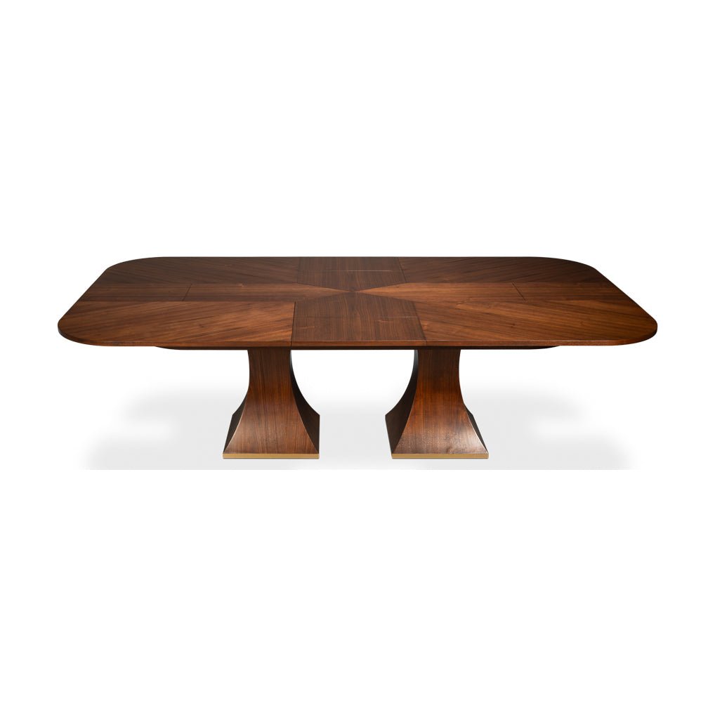 Rectangular walnut jupe dining table front view.